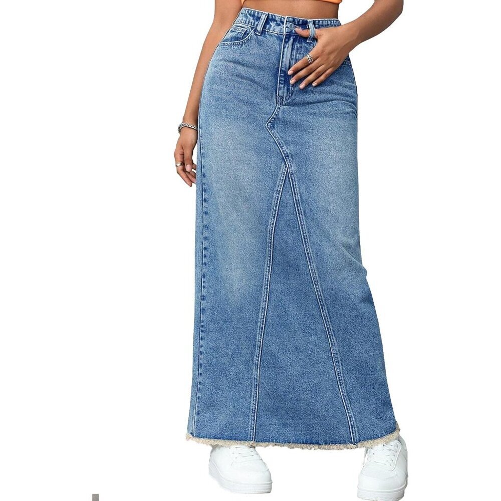 High Waisted Maxi Denim Skirt Frayed Raw Hem Casual A line with Pockets